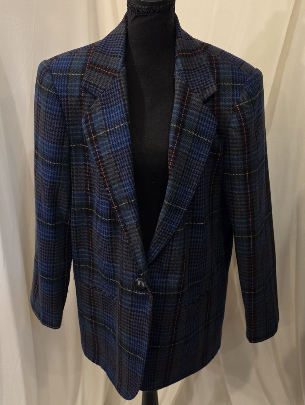 VTG Savannah Plaid Wool Blend Blazer Size M Medium Blue Green Academia Oversized